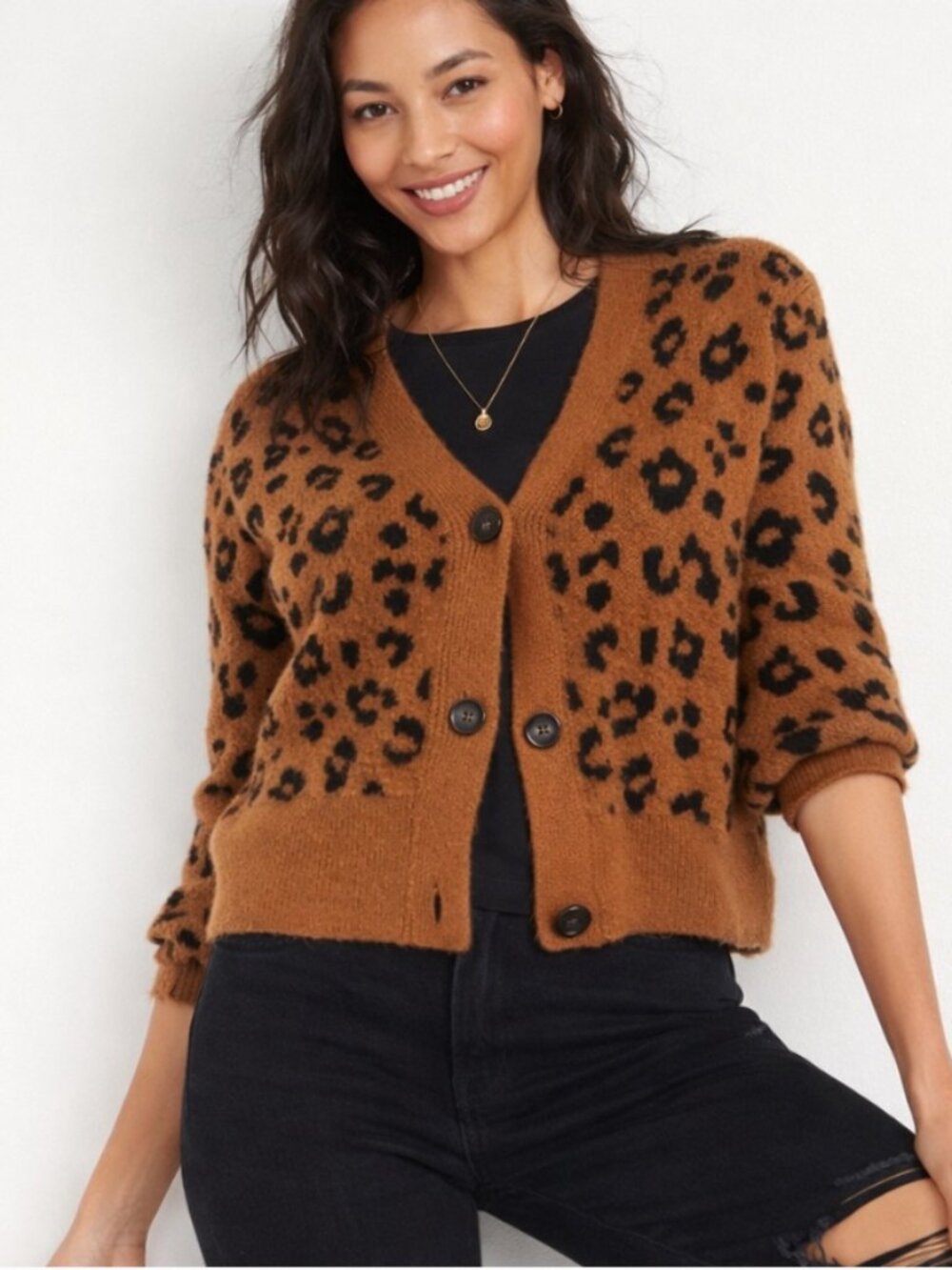 Old Navy Brown Oversized Leopard Print Ribbed Knit Cardigan Sweater XS